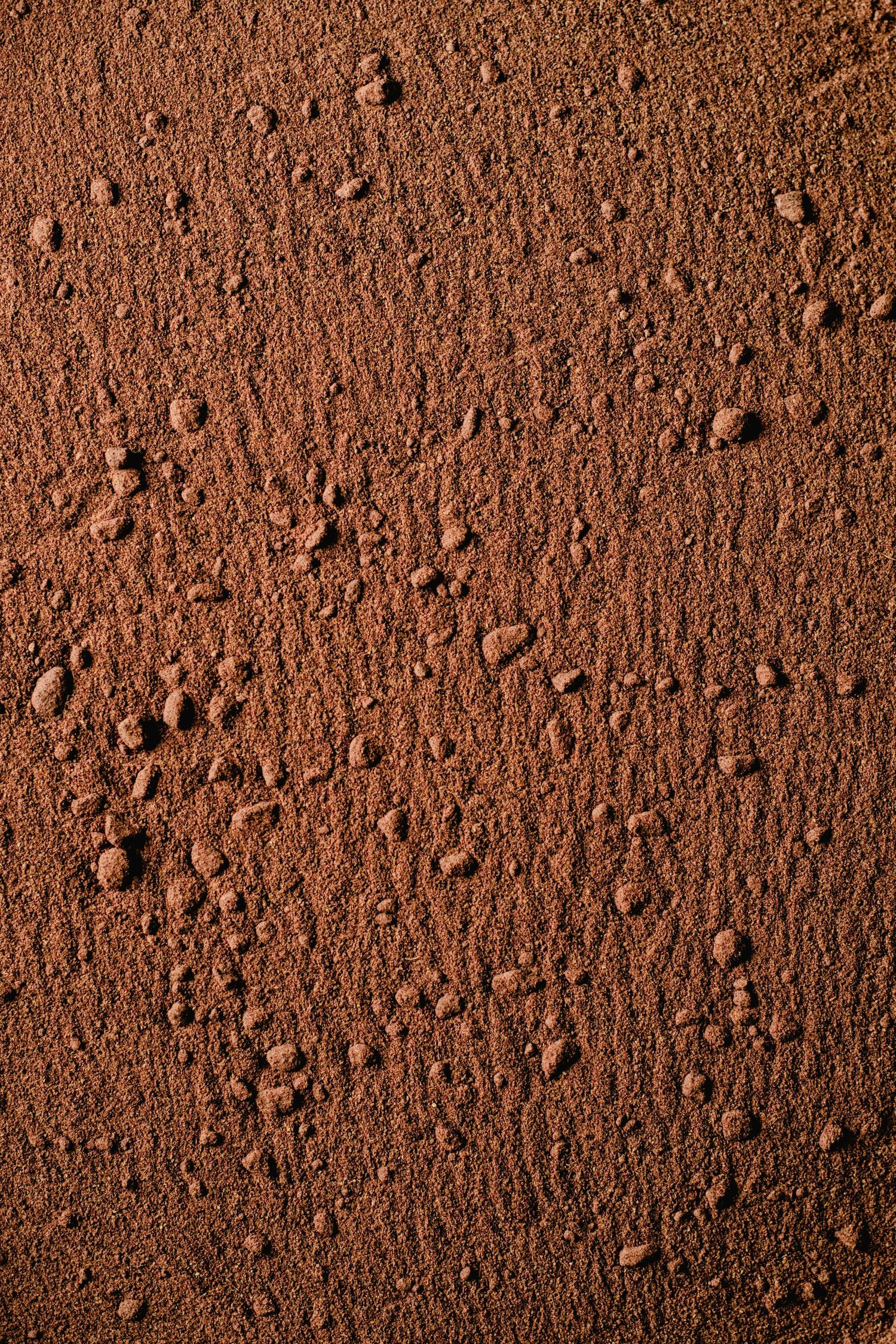 Close-up of reddish-brown soil texture with small pebbles and granules.