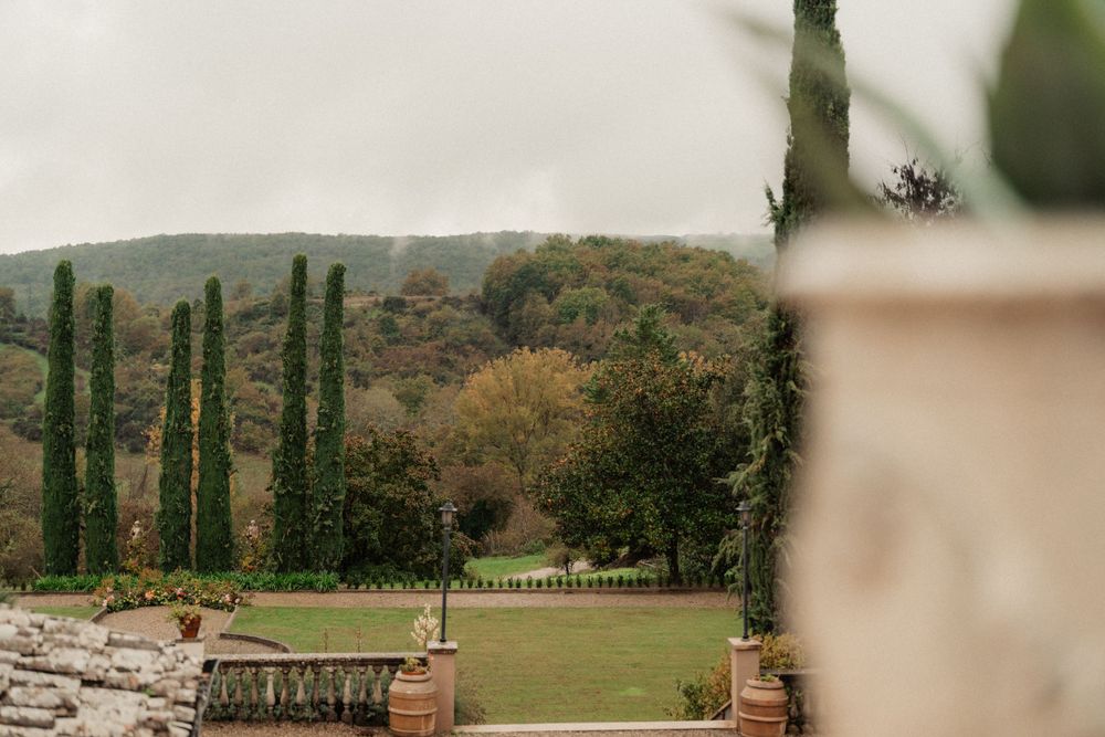 Serene landscape view with tall cypress trees and stone wall overlooking rolling hills and grassland.