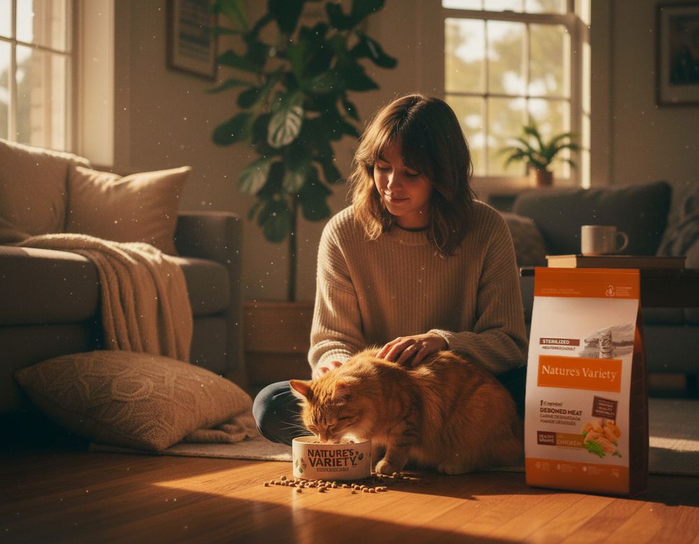 Mujer acariciando a su gato dorado en casa junto a alimento para mascotas en ambiente cálido. Fotografía de producto por Daniel Giménez Barc