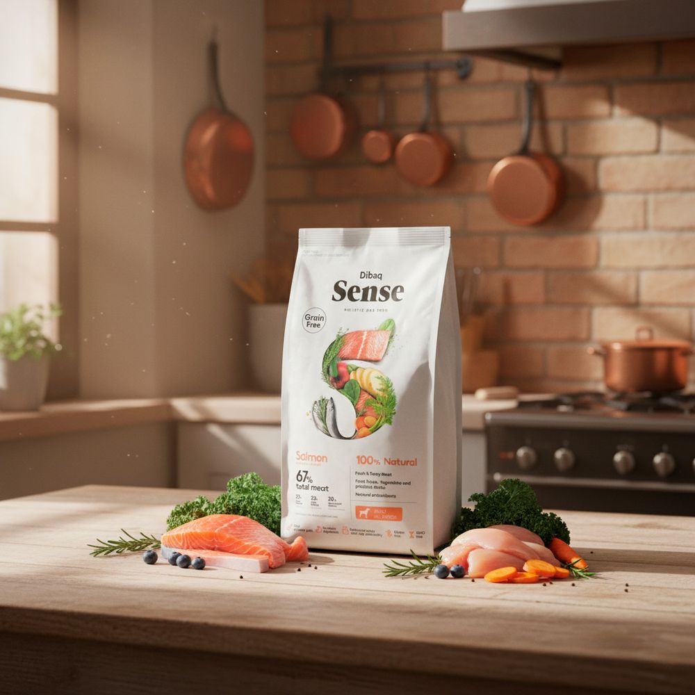Bolsa de comida premium para perros en cocina con ingredientes naturales. Fotografía publicitaria de alimentación canina por Daniel Giménez.