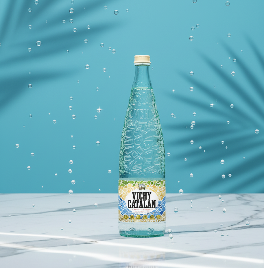Botella de agua con gas con fondo tropical azul de verano. Fotografía comercial de producto por Daniel Giménez fotógrafo en Barcelona.