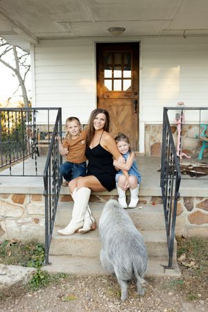 A sequence of photos showing a family sitting on a rustic stone and wood porch in casual clothing.