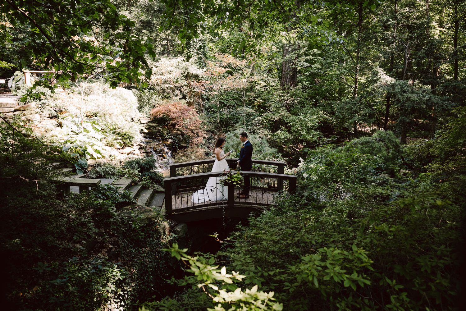 Bride and groom's first look at the Cleveland Botanical Gardens on a bridge surrounded by lush greenery and natural light.