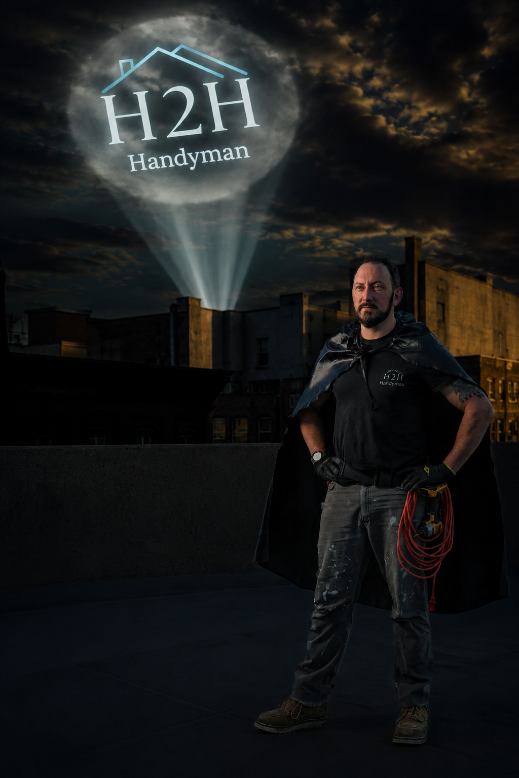 H2H Handyman professional standing on rooftop at night with cape and tools, illuminated by spotlight logo.