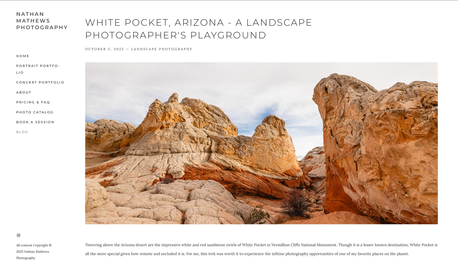 Scenic desert landscape with orange sandstone formations and rock outcrops in White Pocket Arizona under cloudy skies.