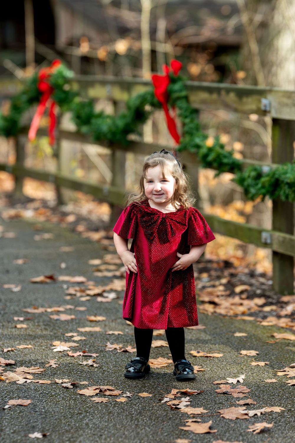 An adorable little girl in a red velvet dress poses on a leaf-covered path with Christmas wreaths behind her.