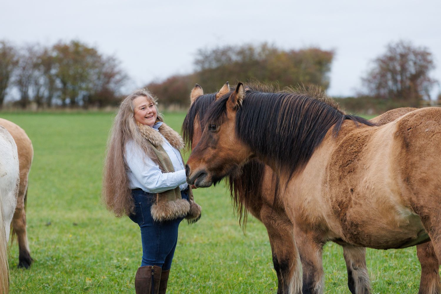 A beautiful white horse and a person in a black jacket share a tender moment in a stable.