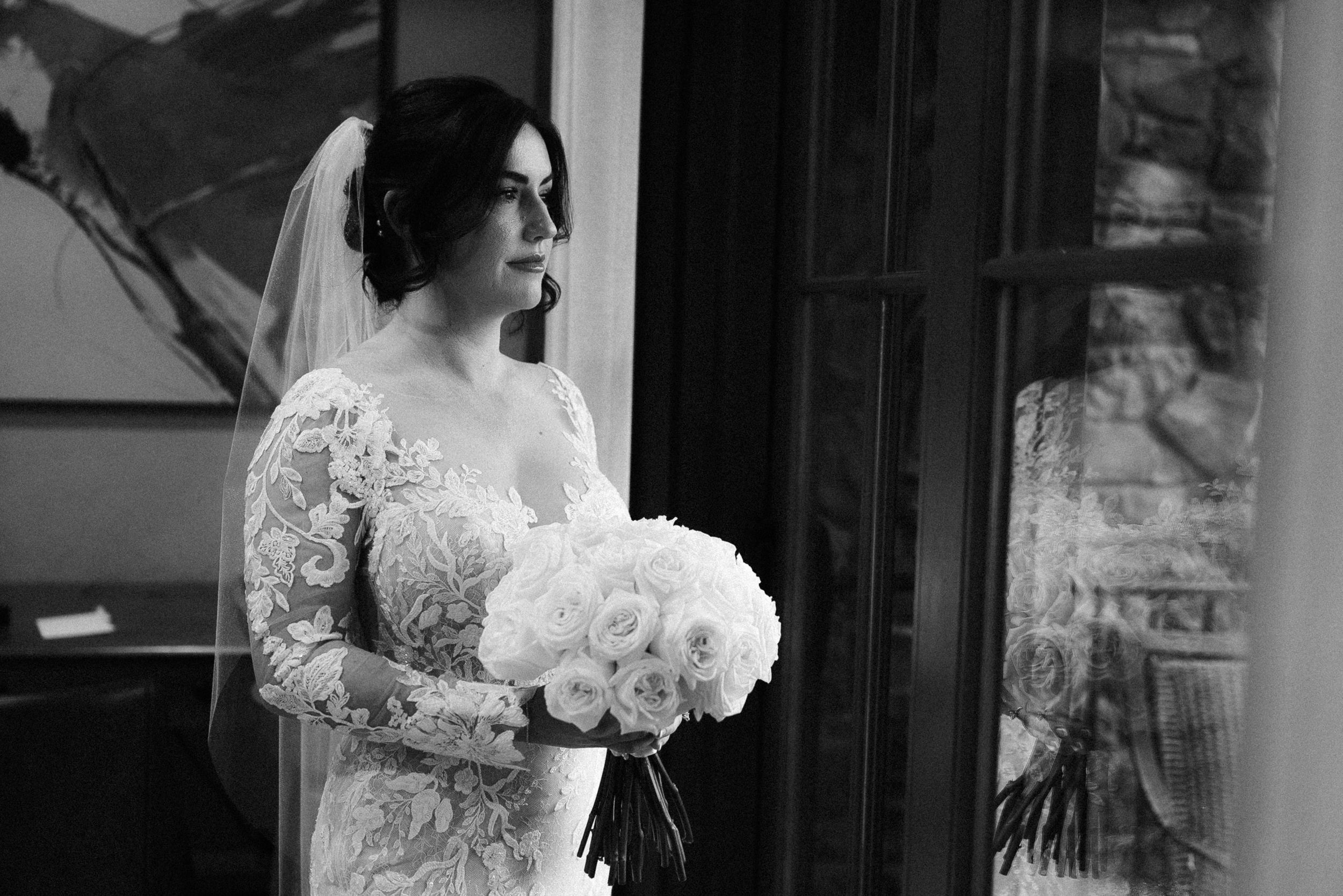 A series of wedding photographs showing a bride in a lace dress posing in different elegant settings.