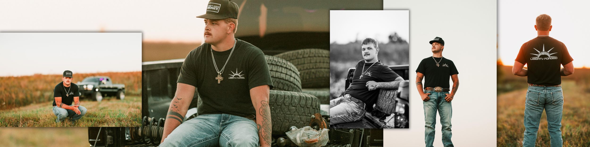 A collage of country lifestyle photos showing trucks, farming equipment, and outdoor scenes in rural settings.