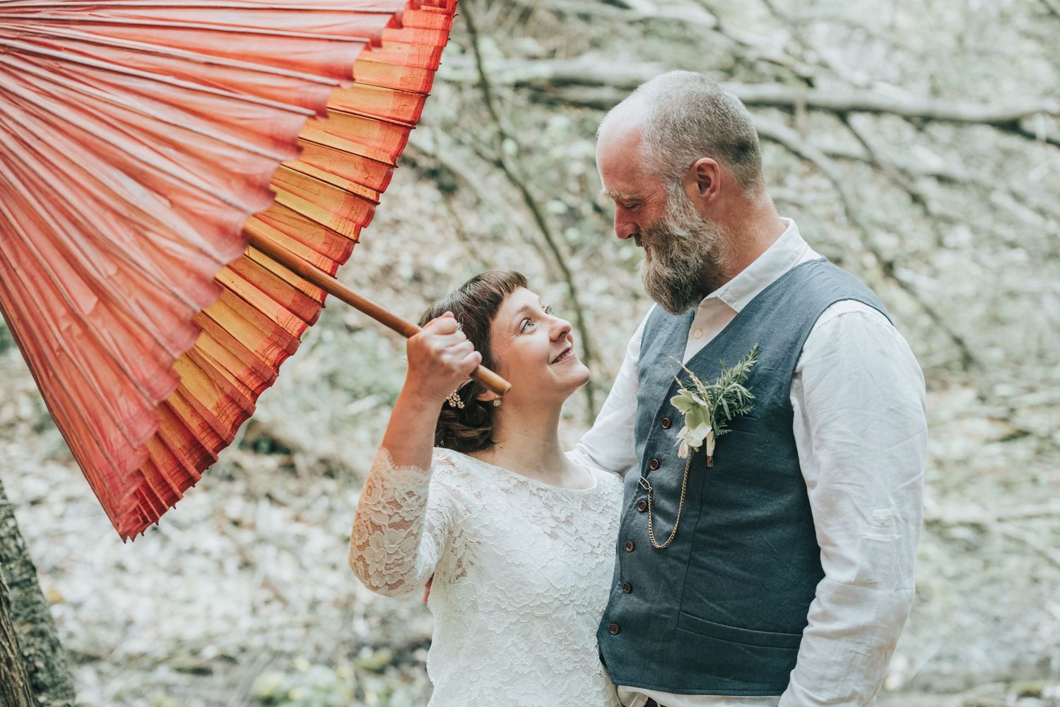 Timeless wedding portrait of newlyweds at outdoor venue in Ontario (Ganaraska Forest Centre).