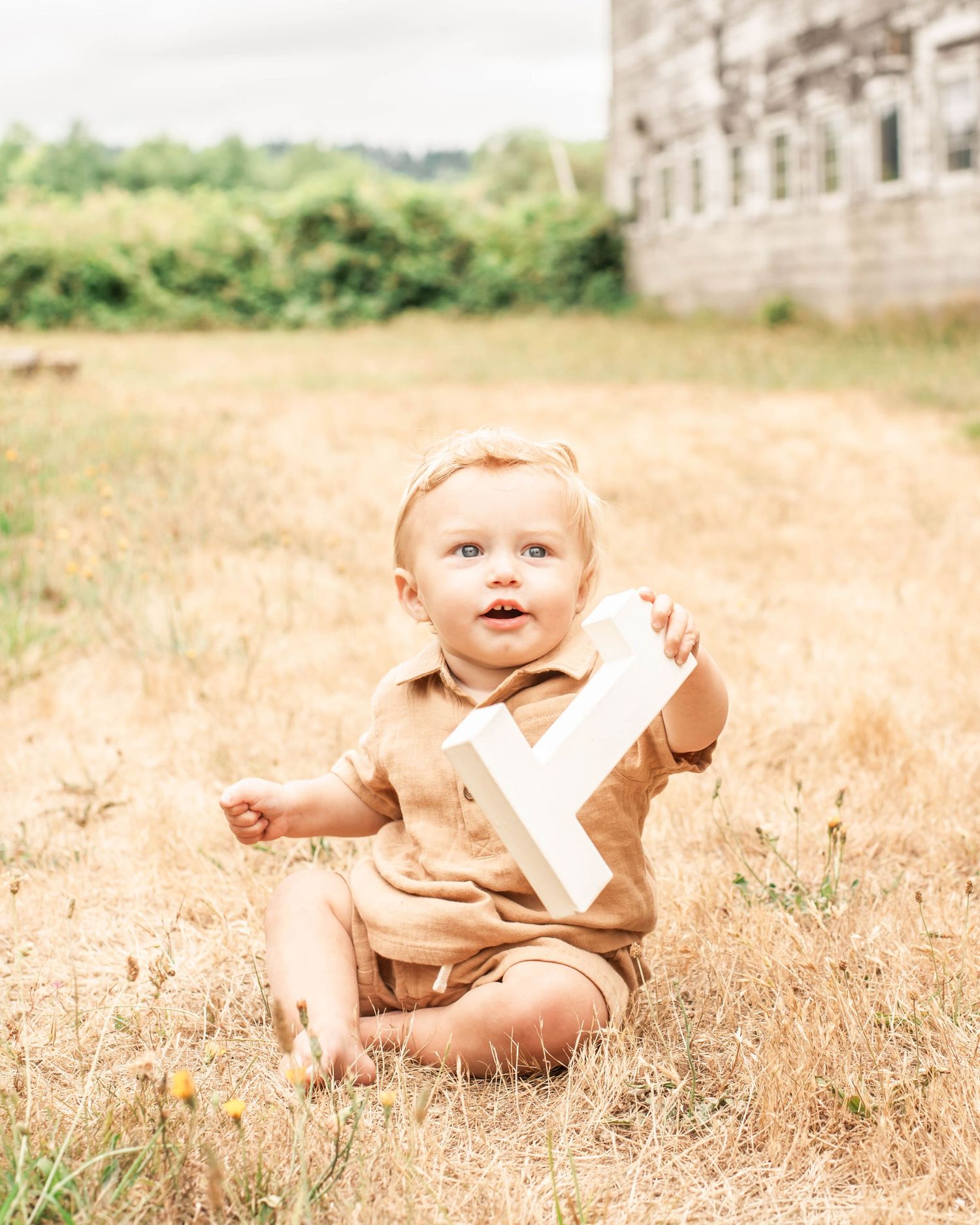 A baby wearing a brown outfit crawls through a sunlit golden wheat field during a summer afternoon.