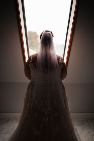 A bride in a flowing white veil sits silhouetted against a bright window creating a dramatic backlit effect.