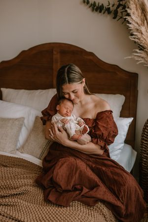 A collection of lifestyle photos showing peaceful moments on a cozy bed with brown linens.