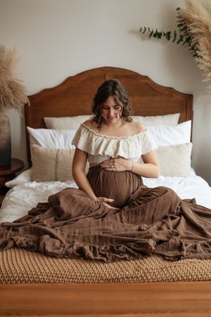 A series of photos showing a cozy bedroom scene with warm brown linens and white pillows on a wooden headboard bed.