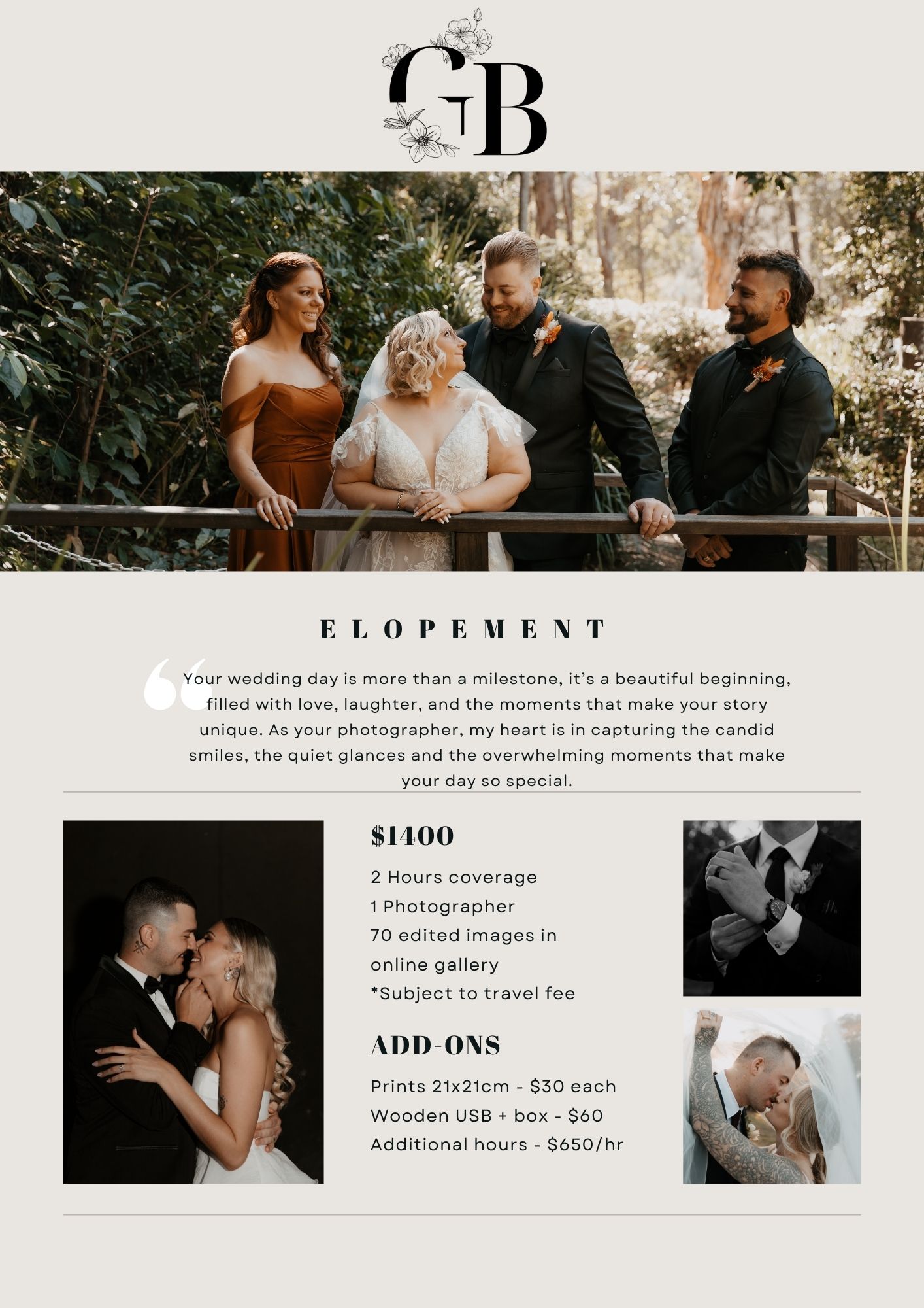 Wedding photography pricing guide for elopement packages with black and white couple photos.