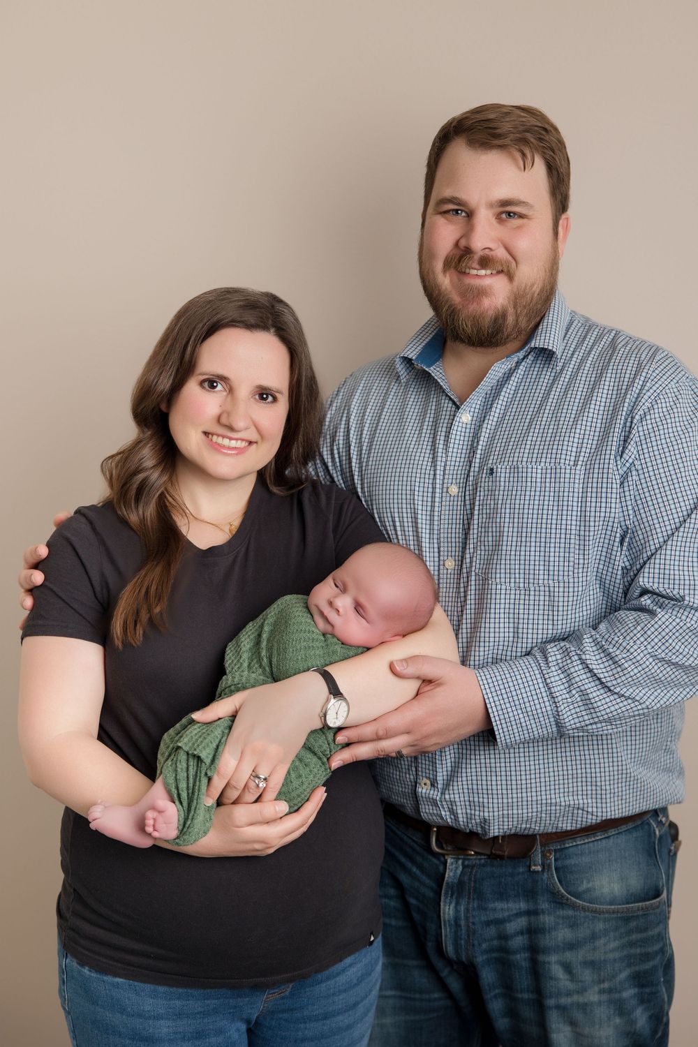 A series of progressive family photos showing parents cradling and playing with their newborn baby.