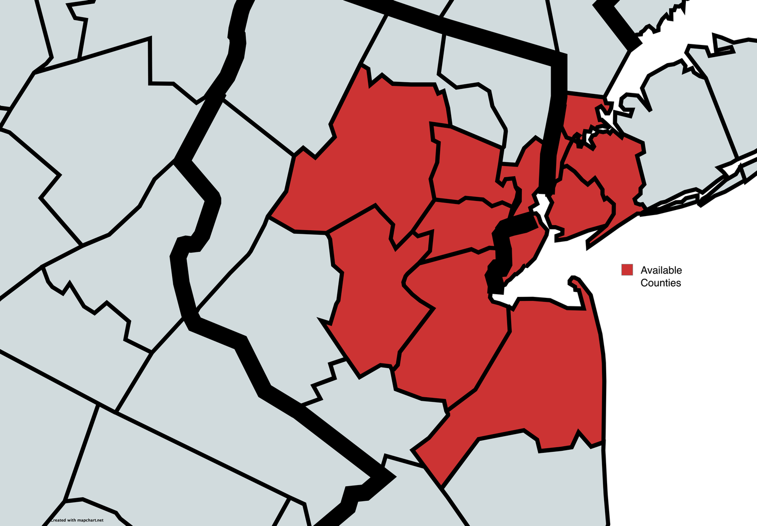 A geographic map showing various regions highlighted in red and white with thin black boundary lines dividing the areas.