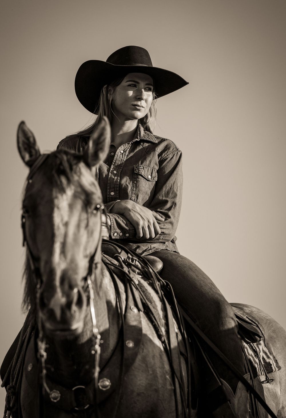 A dramatic black and white portrait of a rider on horseback against a plain background.