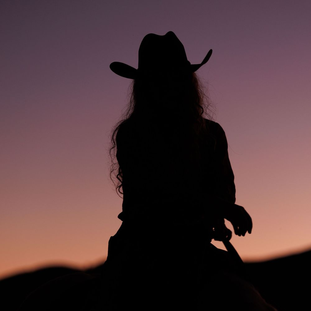 Silhouette of a person's head against a purple and orange sunset sky creating a dramatic dark profile.