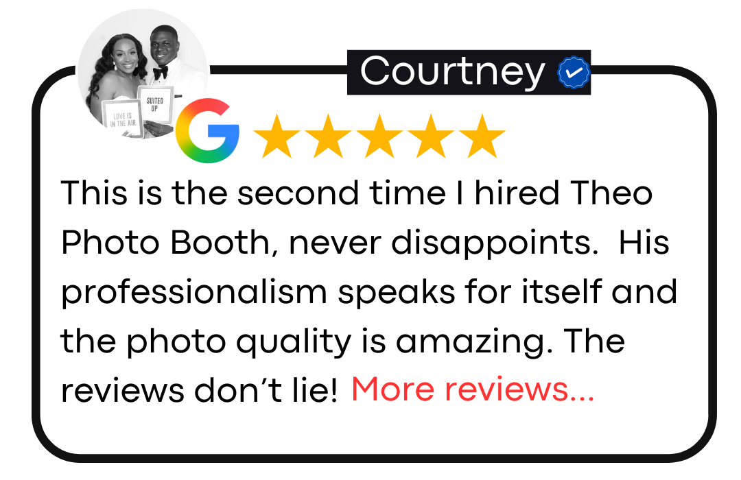A screenshot of customer reviews with star ratings and speech bubbles showing positive feedback for photo booth services in Miami