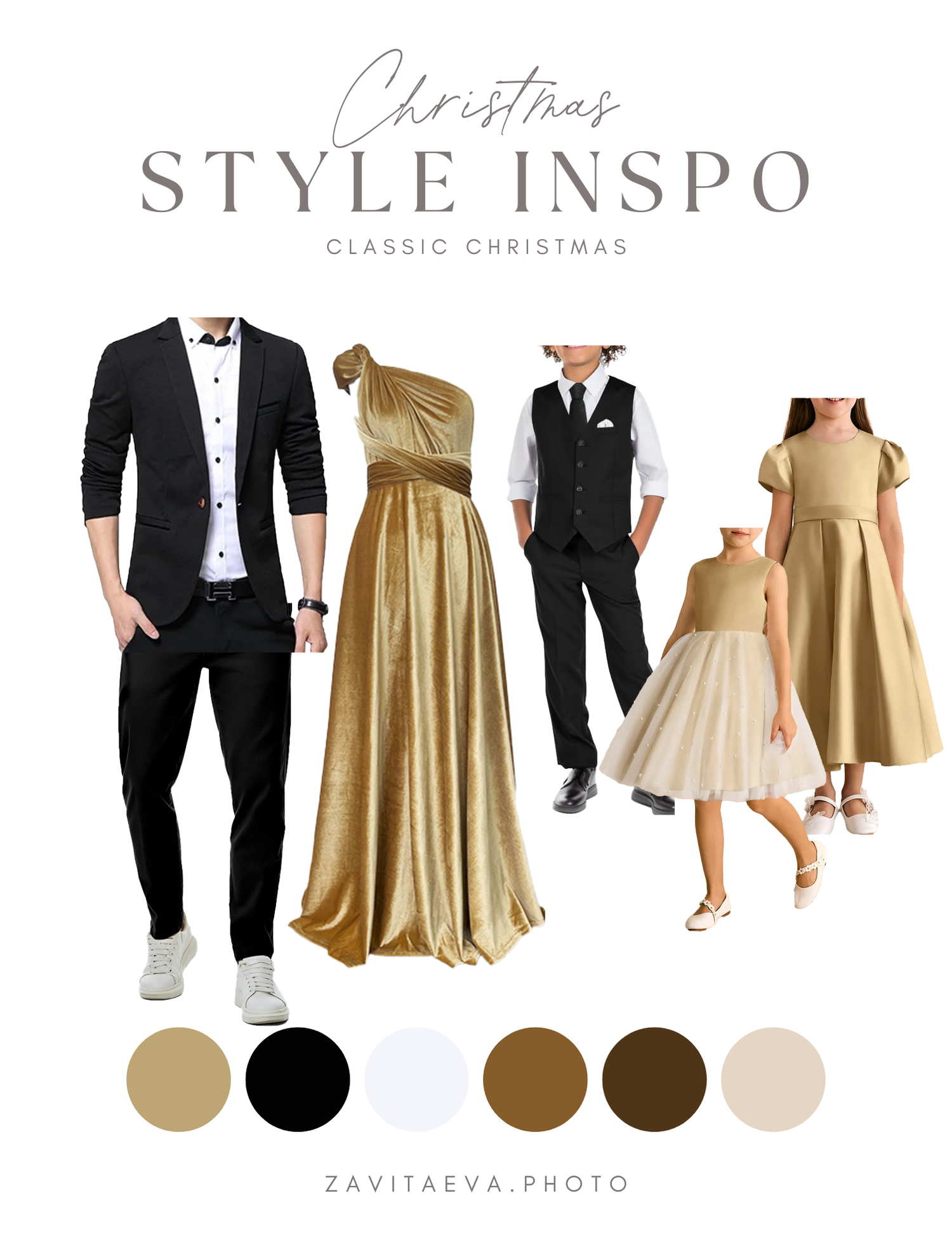 Fashion mood board with coordinated family outfits in soft pastel colors of beige, pink, mint and white for photo styling.