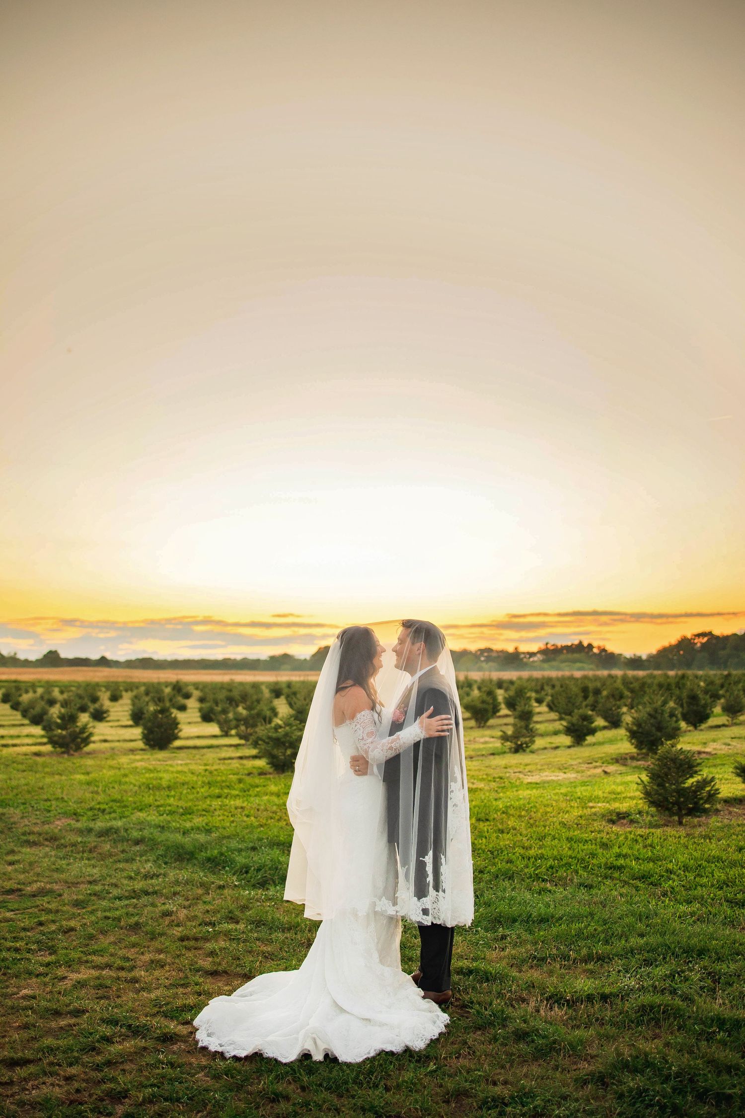 A couple embraces lovingly on a dirt path beside tall ornamental grasses on an overcast afternoon.