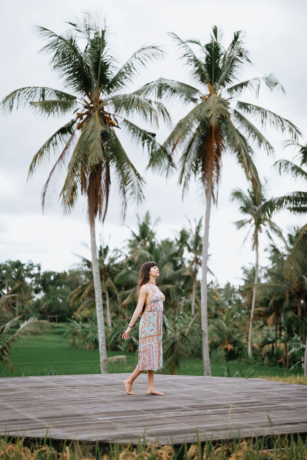 A wooden deck platform surrounded by tall palm trees against a cloudy sky creates a tropical scene.