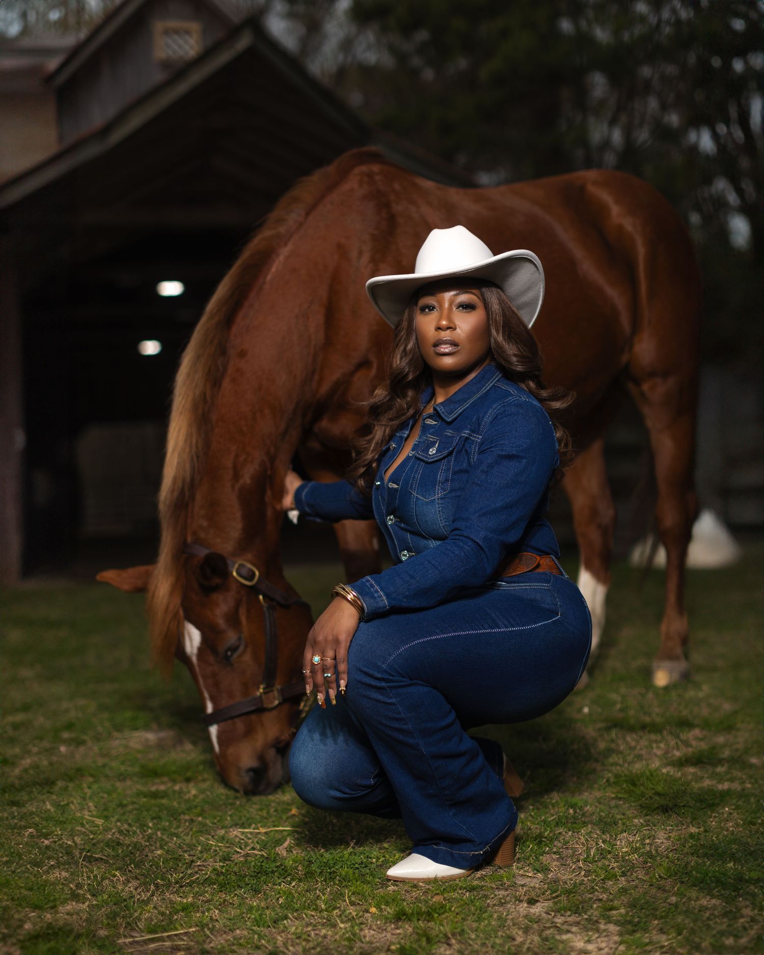 Series of photos showing person in denim outfit and white cowboy hat posing with brown horse in grassy setting.