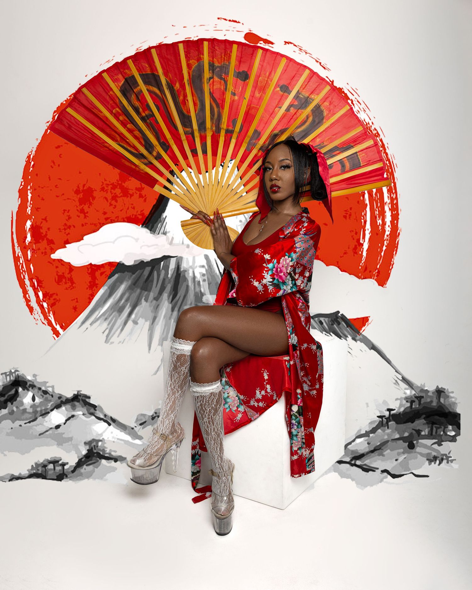 Artistic photo series featuring a red fan against white background with dramatic movement and poses.