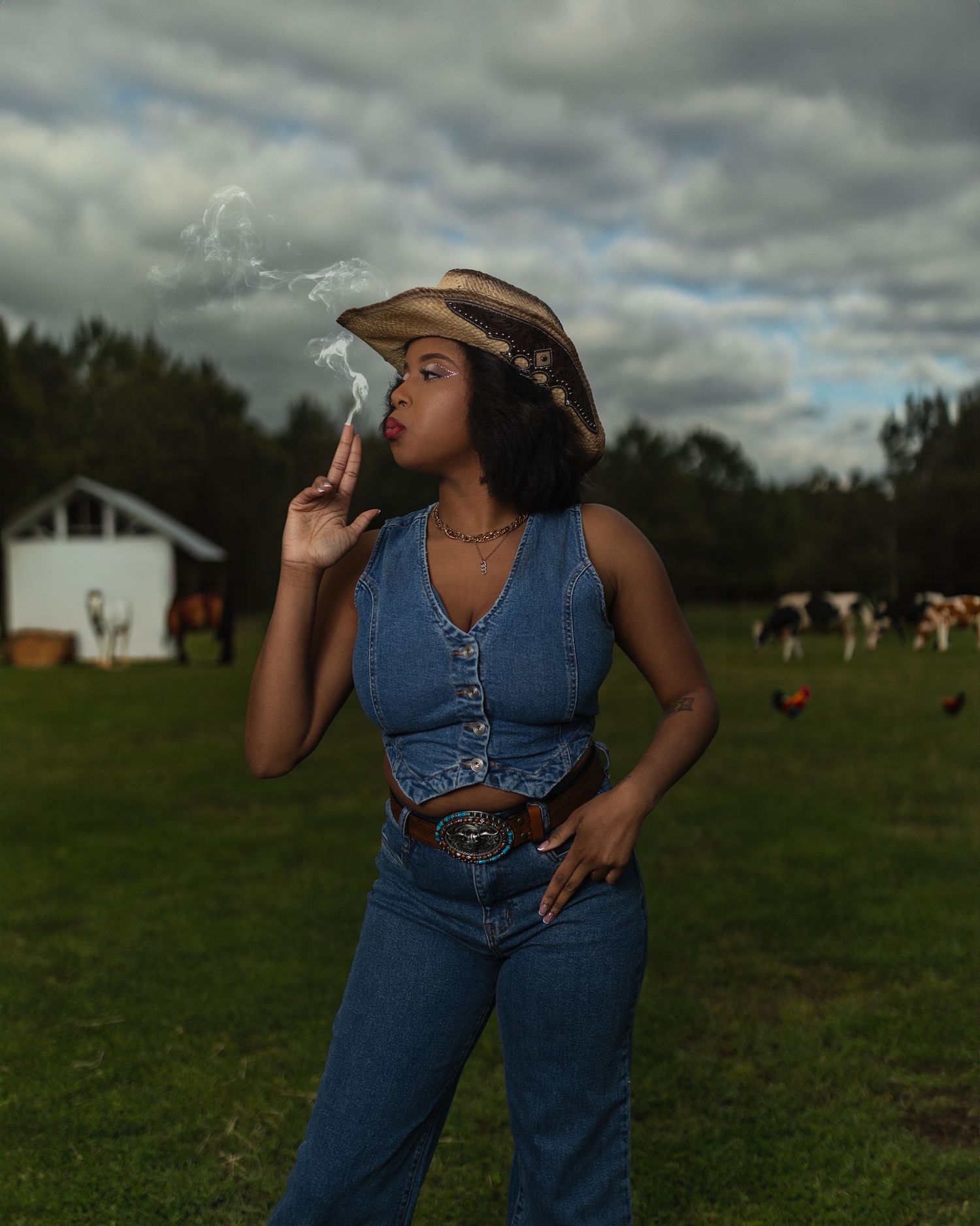 Multiple shots of someone in denim overalls in a grassy field with cloudy sky.