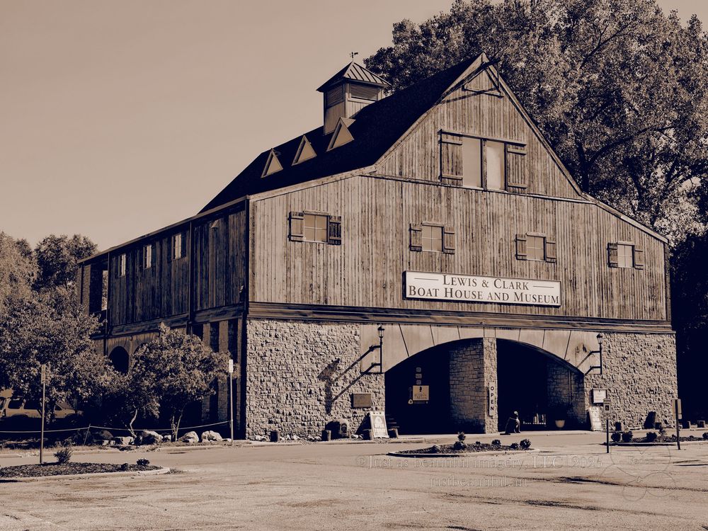Faded photo of Lewis & Clark Boathouse in Saint Charles, Missouri.