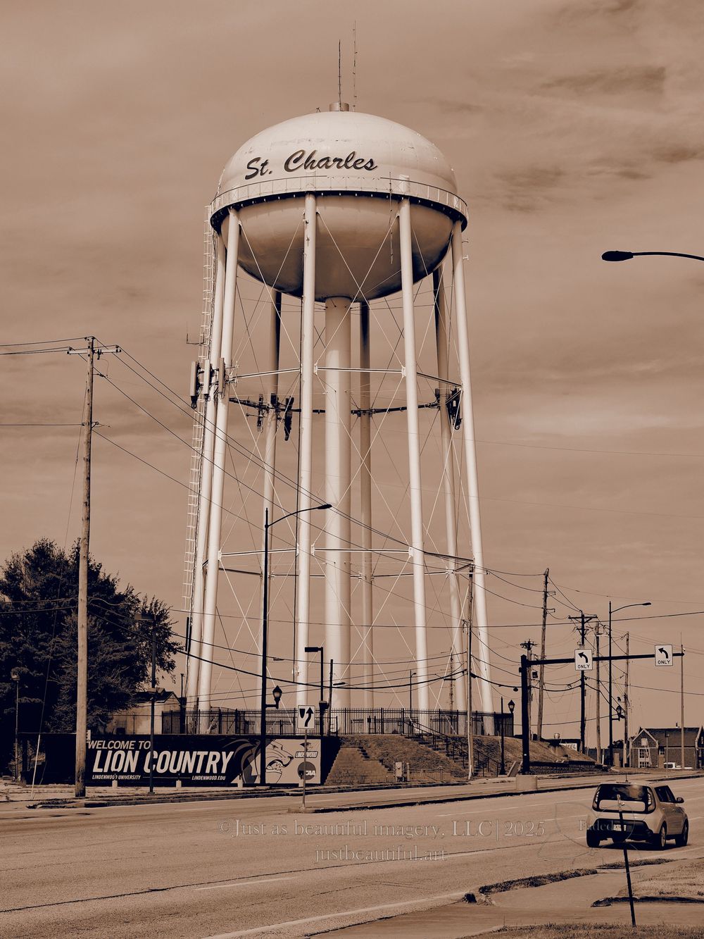 Faded photo of water tower in Saint Charles, Missouri.