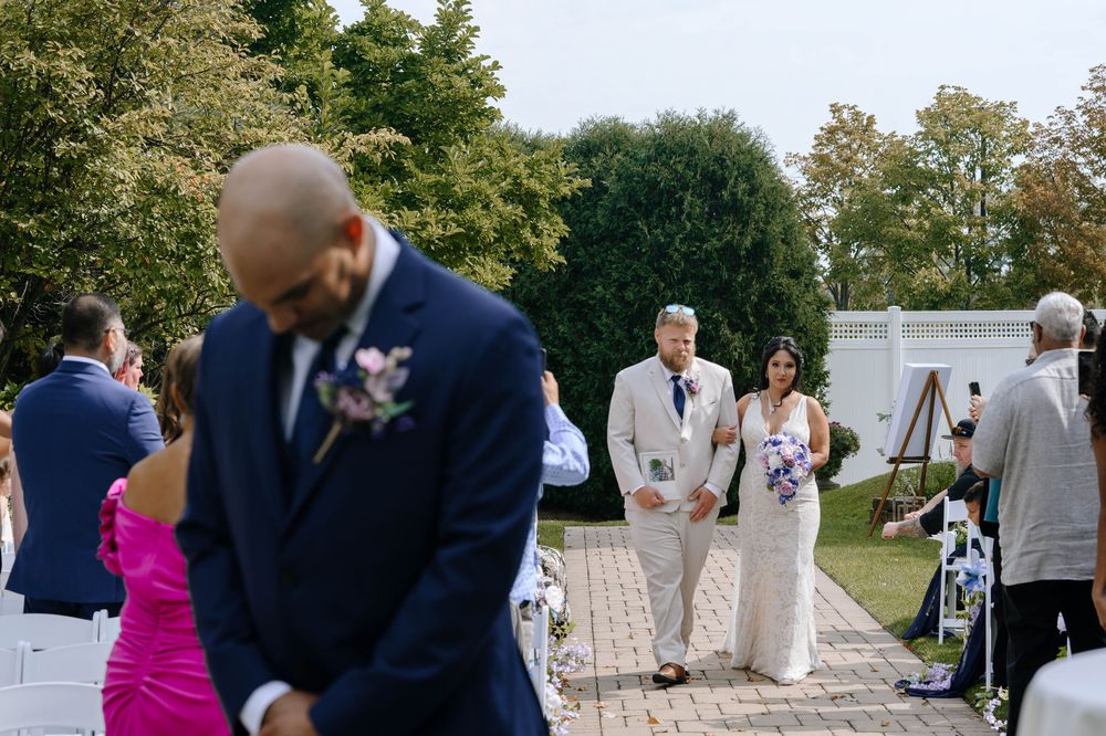 A sequence of outdoor wedding ceremony photos showing guests and decorations in a garden setting.
