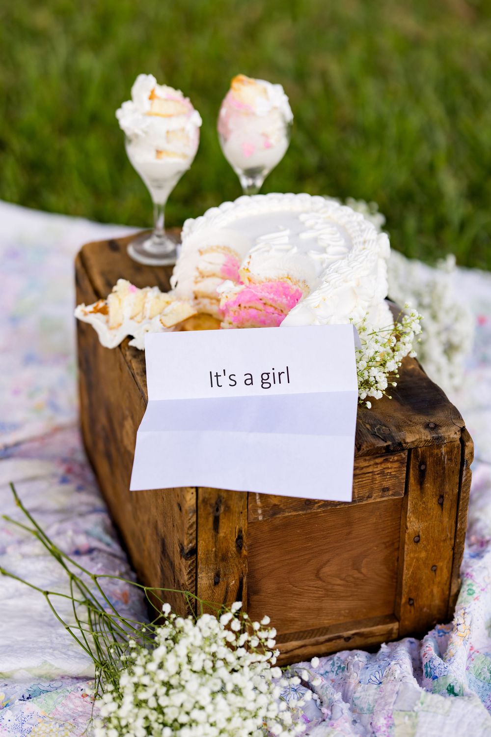 Baby pink and white dessert display with 'It's a girl' note in rustic wooden box decorated with baby's breath flowers.