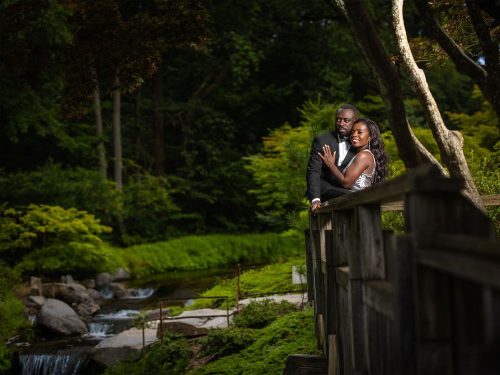 Wooden bridge pathway through lush green Japanese garden with waterfall.