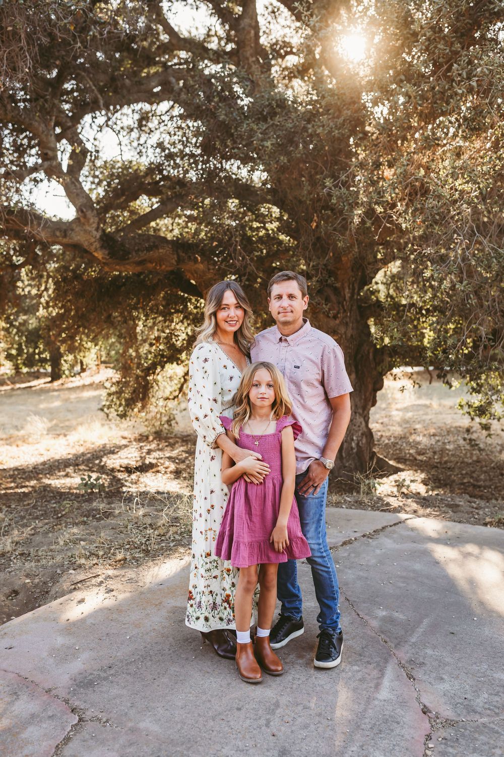 Three outdoor lifestyle photos show a couple posing together under trees during golden hour sunset lighting.