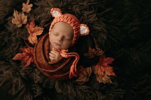 A newborn baby sleeps peacefully surrounded by autumn leaves and warm brown tones in a cozy studio setting.