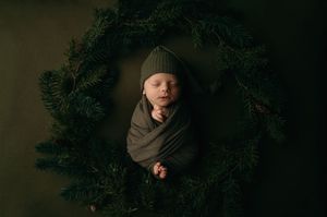 Dark moody winter portraits captured against evergreen branches in dramatic low light conditions.