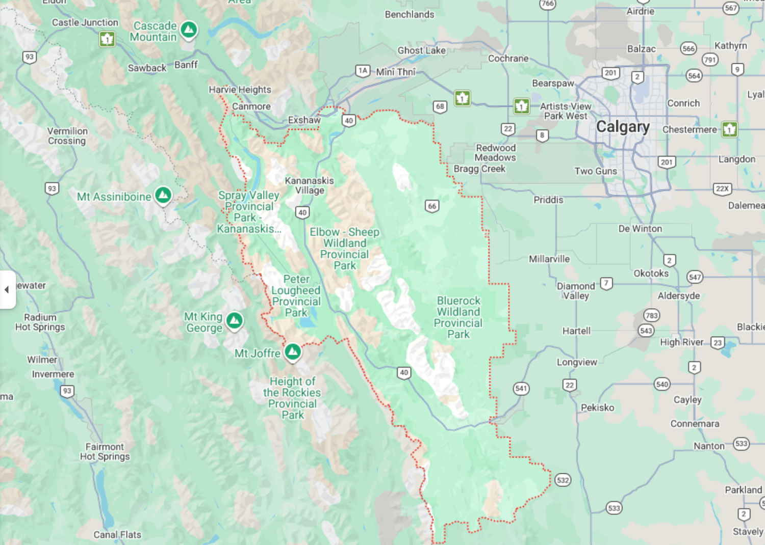 map of Kananskis Country, east of Calgary in the Canadian province of Alberta in the Rocky Mountains