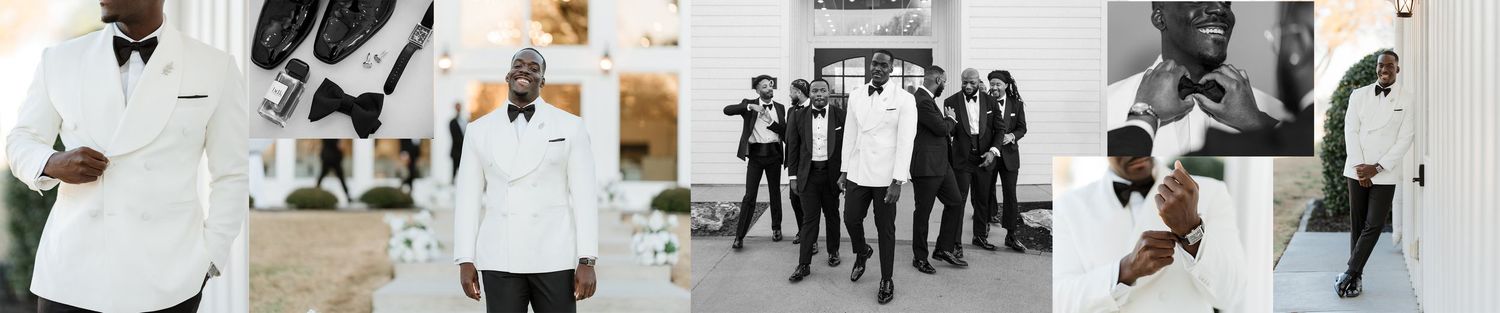 A collage of black and white wedding photos showing romantic moments between couples and wedding party celebrations.