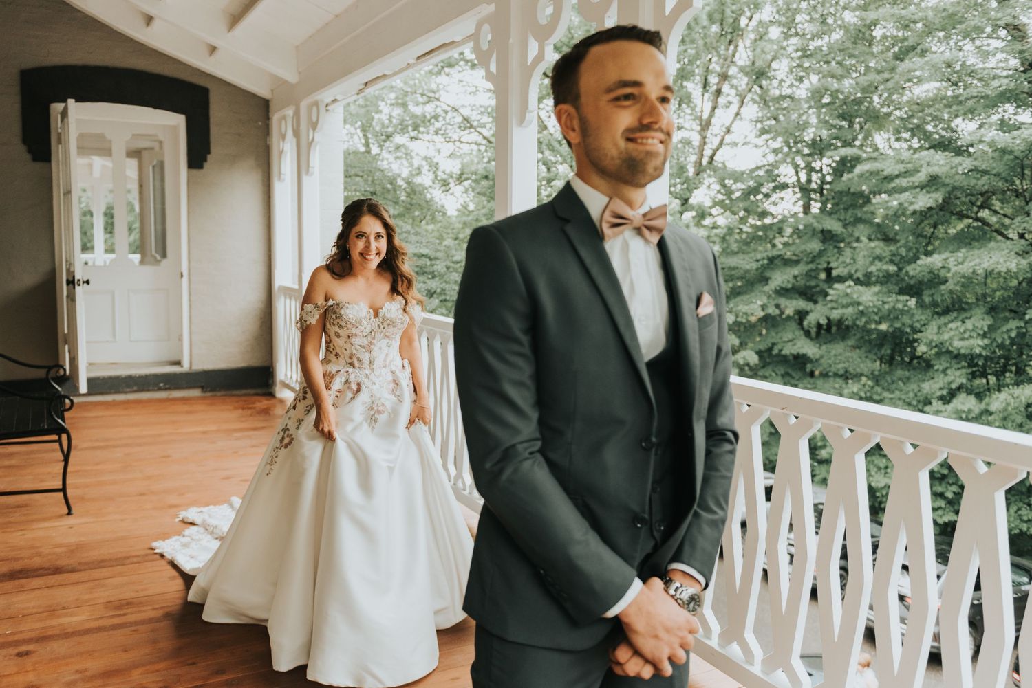 A romantic wedding photo collage showing intimate moments between a couple on a rustic porch with white railings.