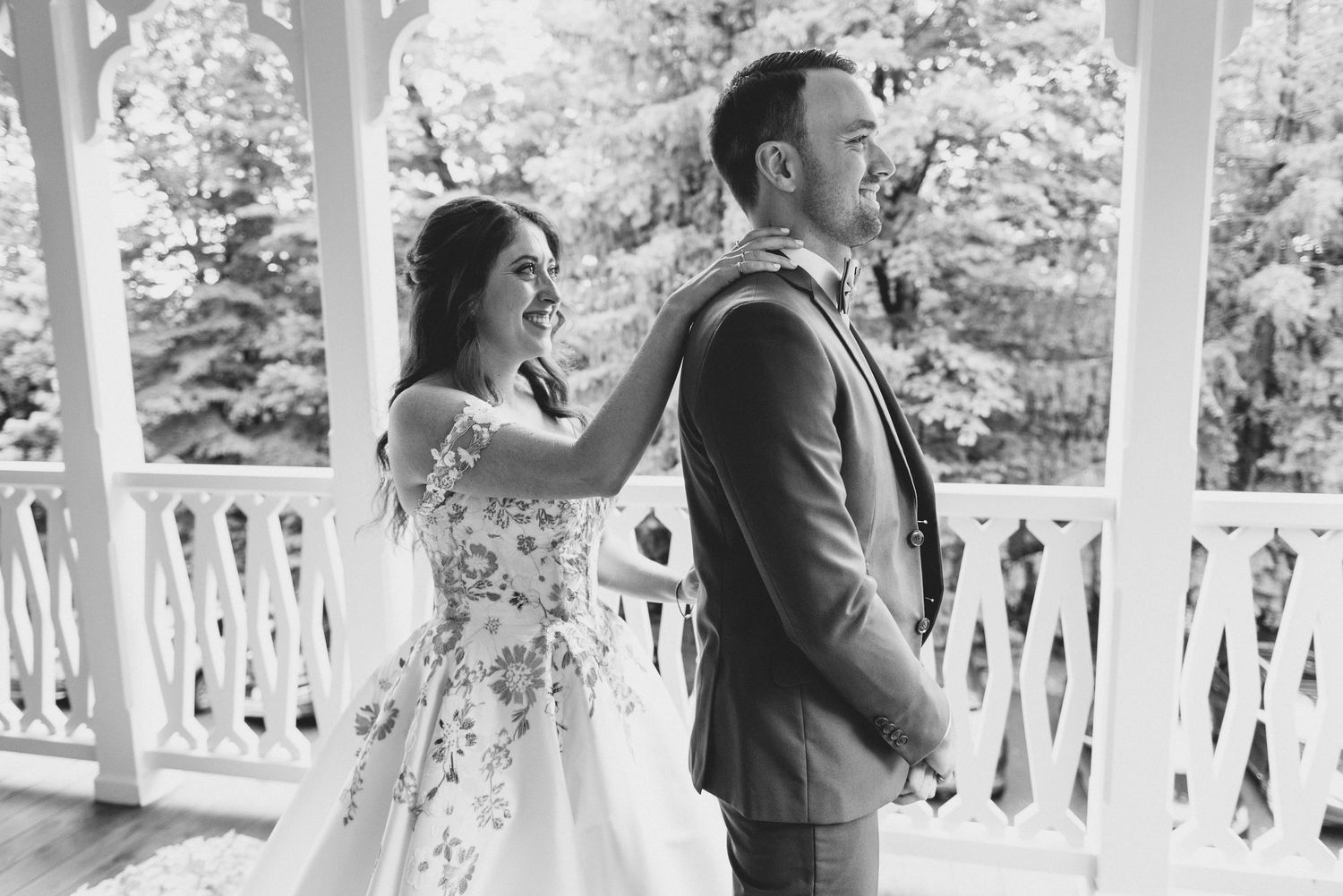 Black and white photo collage showing wedding moments with couples dancing and embracing on an outdoor porch.