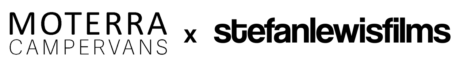 Black text logo showing 'MOTERRA CAMPERVANS x stefanlewisfilms' partnership.