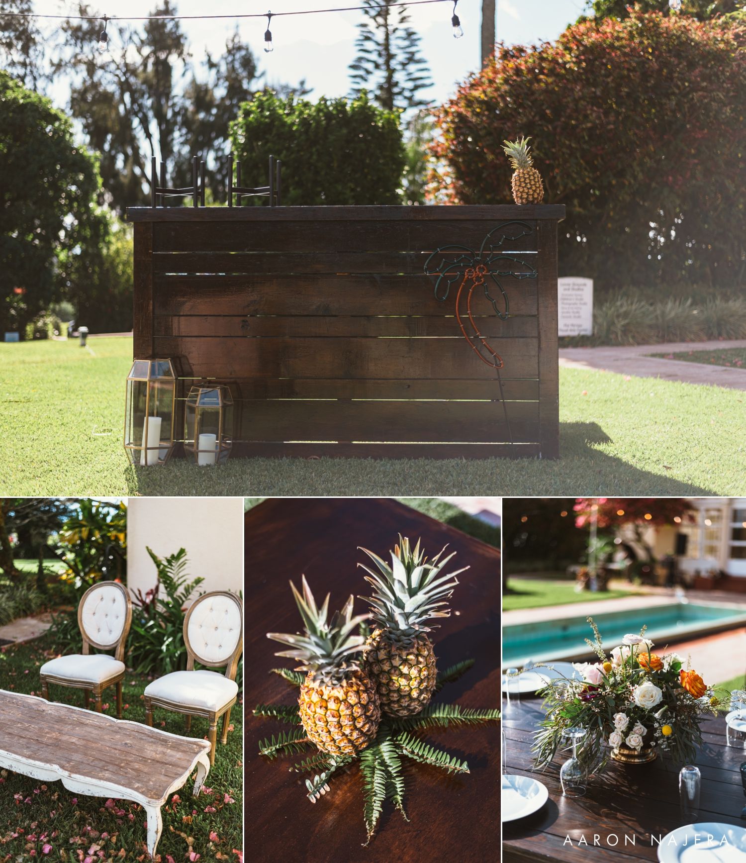 Wedding decor collage featuring rustic bar, pineapple arrangements, and elegant floral centerpieces.