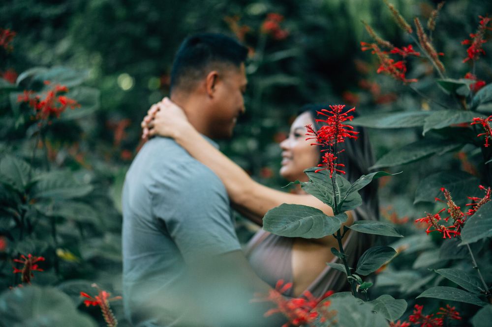 A couple shares a romantic moment among red blooming flowers and green foliage.