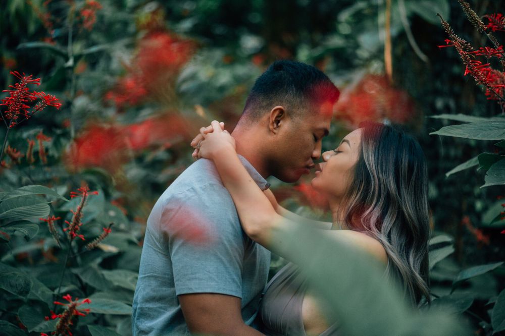A romantic scene unfolds between two people amid red flowering plants and greenery.