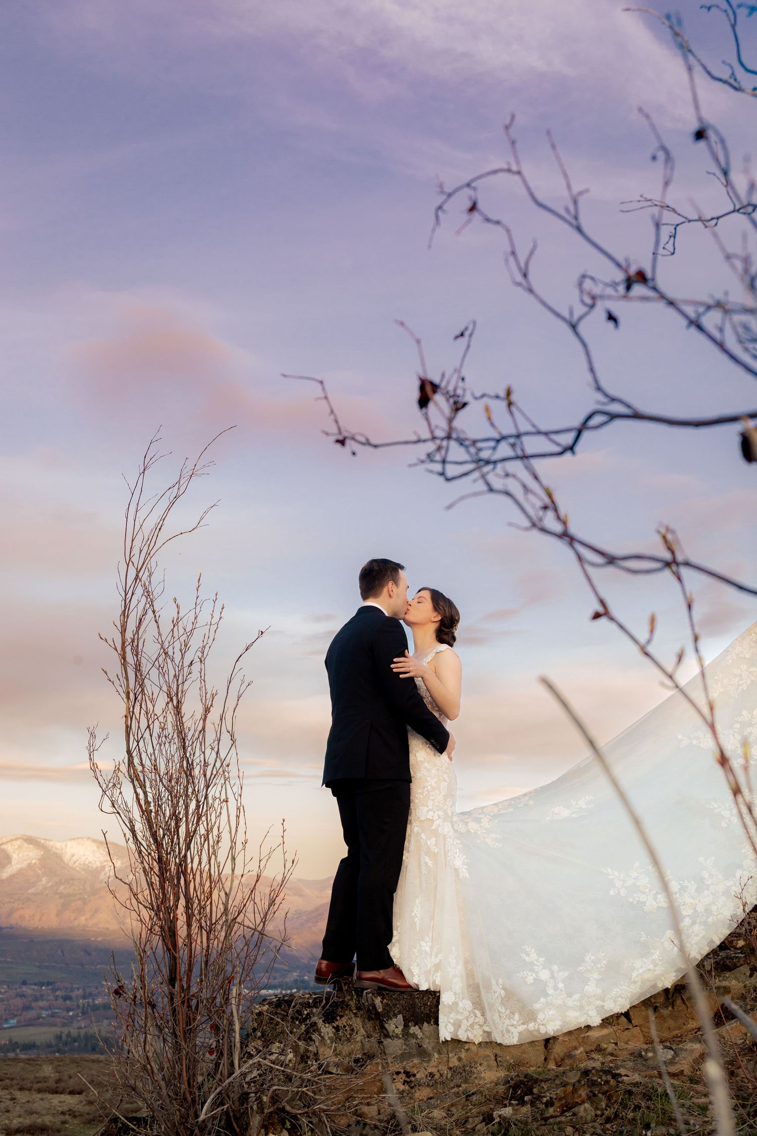 A romantic silhouette of a couple embracing on a hilltop at sunset with bare tree branches framing the scene.