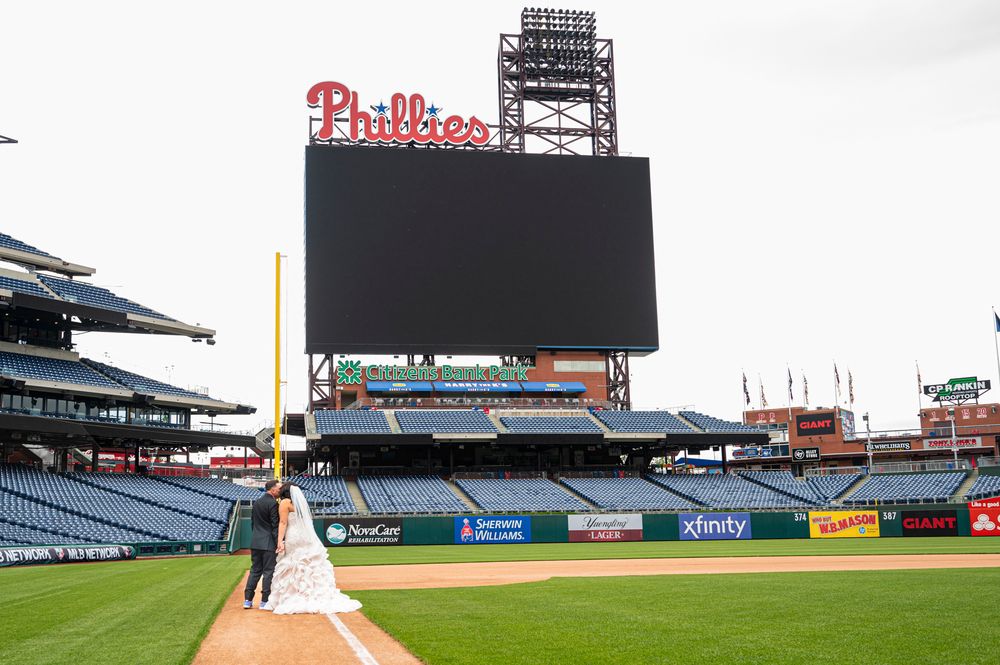 A panoramic collage of five baseball stadium views showing different angles of Citizens Bank Park in Philadelphia.