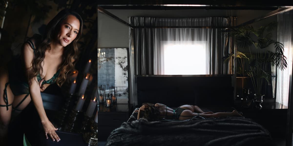 A dark moody bedroom interior with dramatic window lighting and silhouetted figures in a modern space.