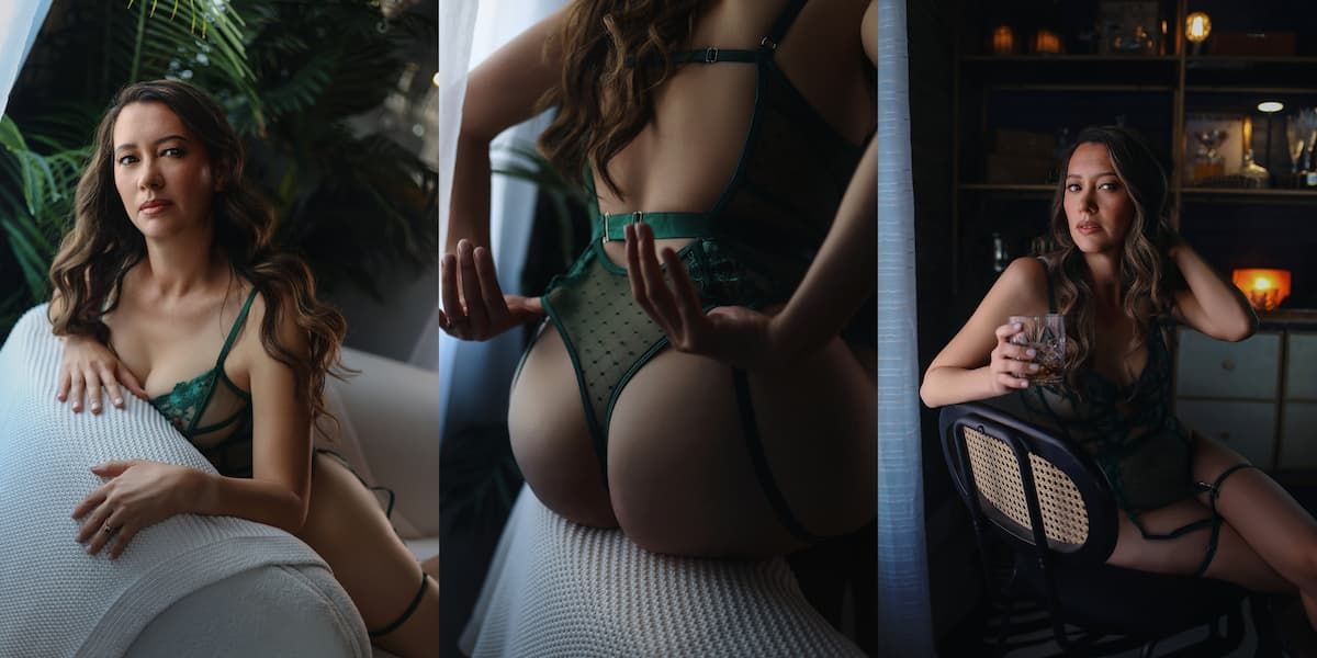 Boudoir photoshoot with moody lighting featuring three artistic poses in lingerie against dark interior backdrop.